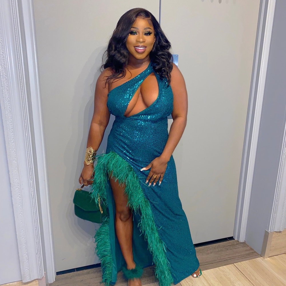 Emerald Green Sequin Maxi Dress w/ High Feathered Slit